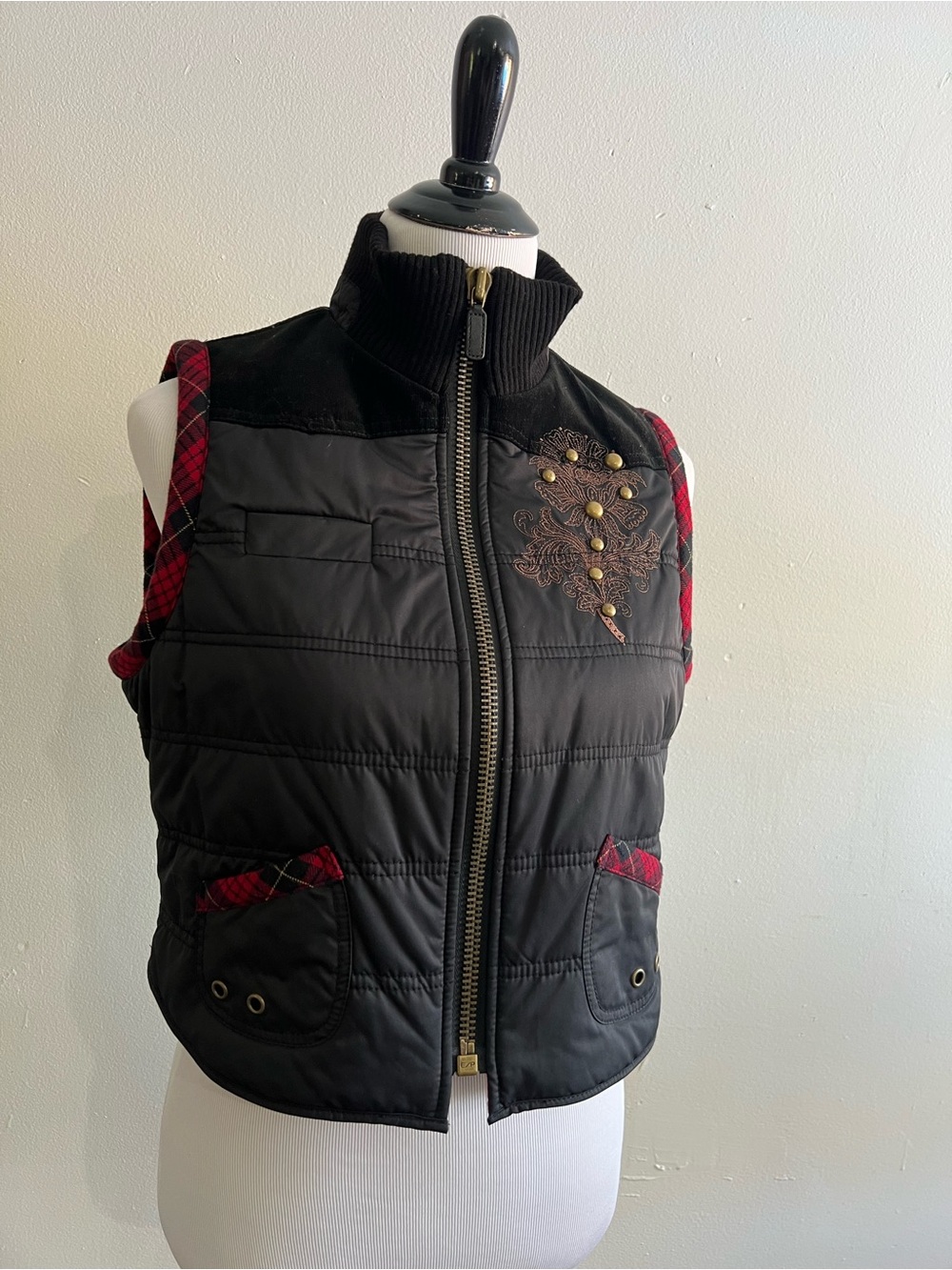 Vintage Carlisle Black and Red Quilted Vest embroidered gold additions
